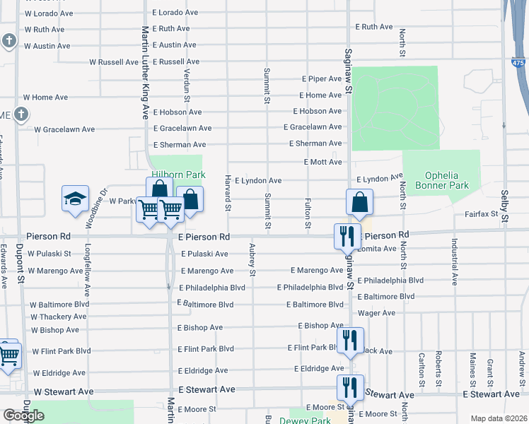 map of restaurants, bars, coffee shops, grocery stores, and more near 405 East Ridgeway Avenue in Flint