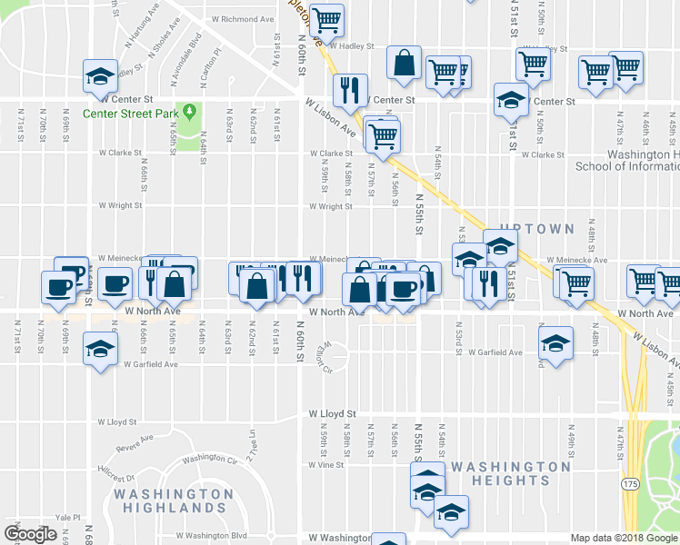 map of restaurants, bars, coffee shops, grocery stores, and more near 2359 North 58th Street in Milwaukee