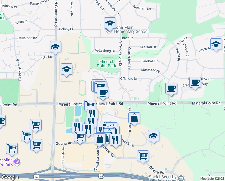 map of restaurants, bars, coffee shops, grocery stores, and more near 25 Coronado Court in Madison