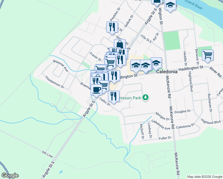 map of restaurants, bars, coffee shops, grocery stores, and more near 322 Argyle Street South in Caledonia