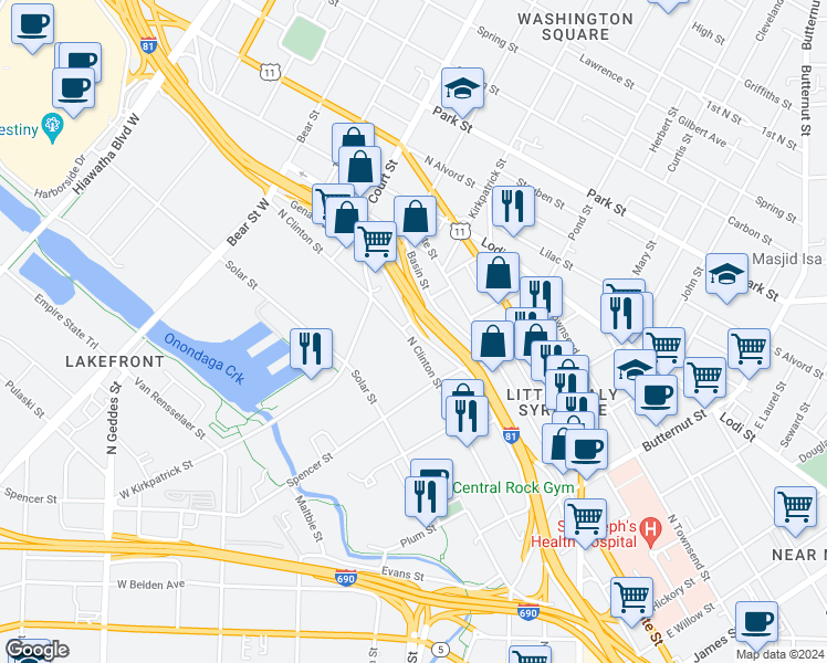 map of restaurants, bars, coffee shops, grocery stores, and more near 101 Kirkpatrick Street in Syracuse