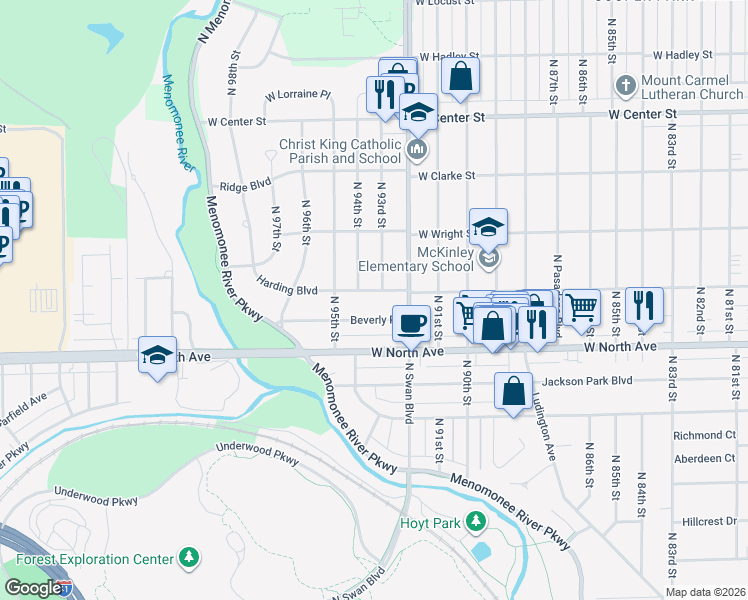 map of restaurants, bars, coffee shops, grocery stores, and more near 9309 Harding Boulevard in Milwaukee