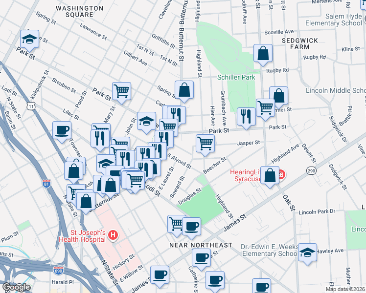 map of restaurants, bars, coffee shops, grocery stores, and more near 114 Schneider Street in Syracuse