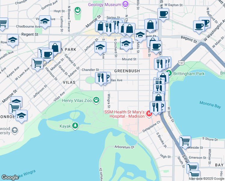 map of restaurants, bars, coffee shops, grocery stores, and more near 1309 Drake Street in Madison