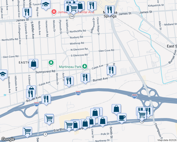 map of restaurants, bars, coffee shops, grocery stores, and more near 1548 Caleb Avenue in Syracuse