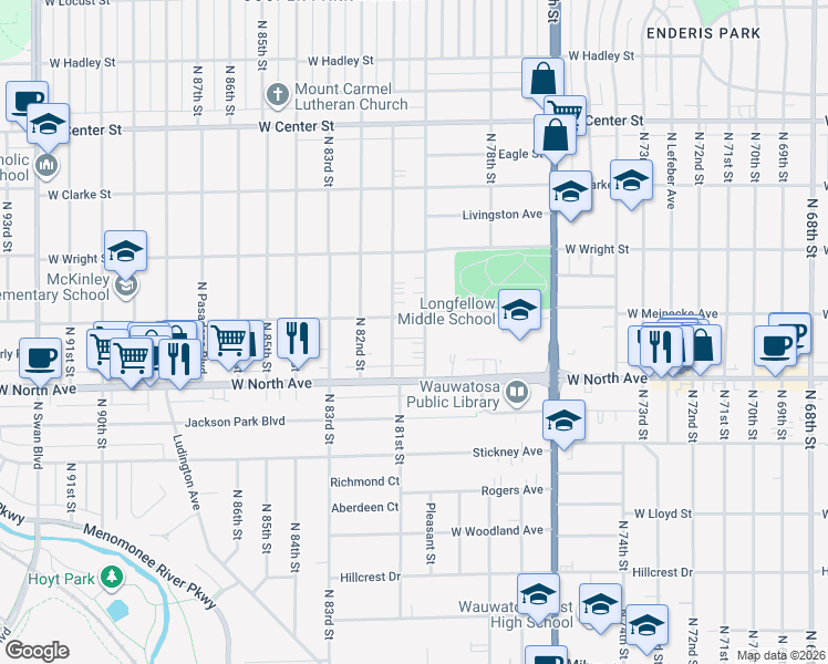 map of restaurants, bars, coffee shops, grocery stores, and more near 2363 North 80th Street in Wauwatosa