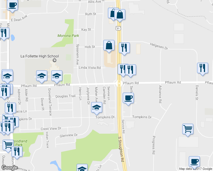 map of restaurants, bars, coffee shops, grocery stores, and more near 1301 Pflaum Road in Madison
