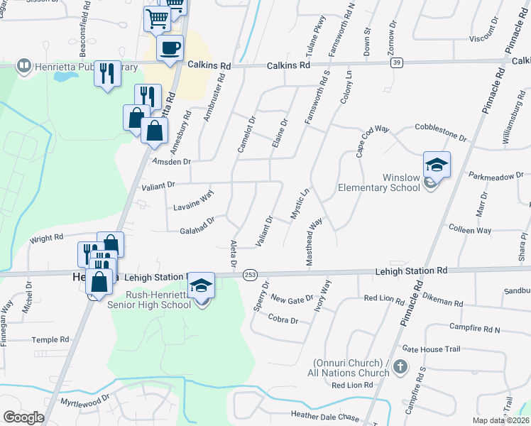 map of restaurants, bars, coffee shops, grocery stores, and more near 223 Valiant Drive in Rochester