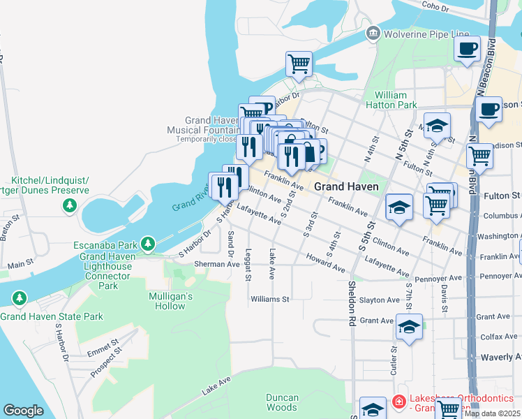 map of restaurants, bars, coffee shops, grocery stores, and more near 103 Lafayette Avenue in Grand Haven