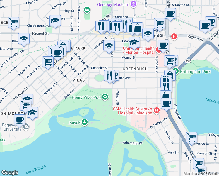 map of restaurants, bars, coffee shops, grocery stores, and more near 1406 Drake Street in Madison