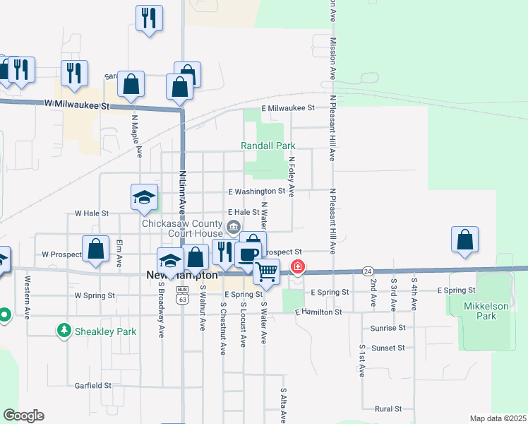map of restaurants, bars, coffee shops, grocery stores, and more near 199 East Hale Street in New Hampton