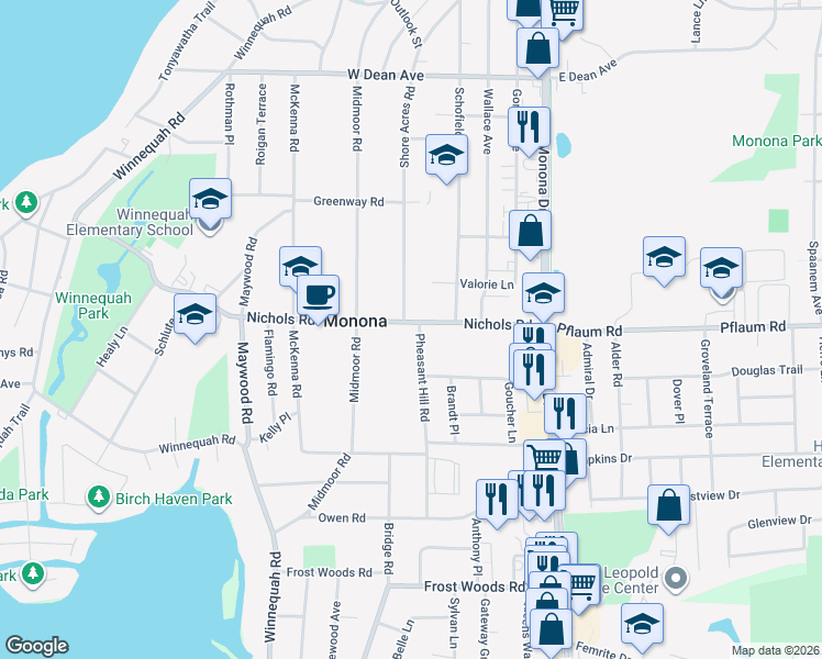 map of restaurants, bars, coffee shops, grocery stores, and more near 5301 Pheasant Hill Road in Monona