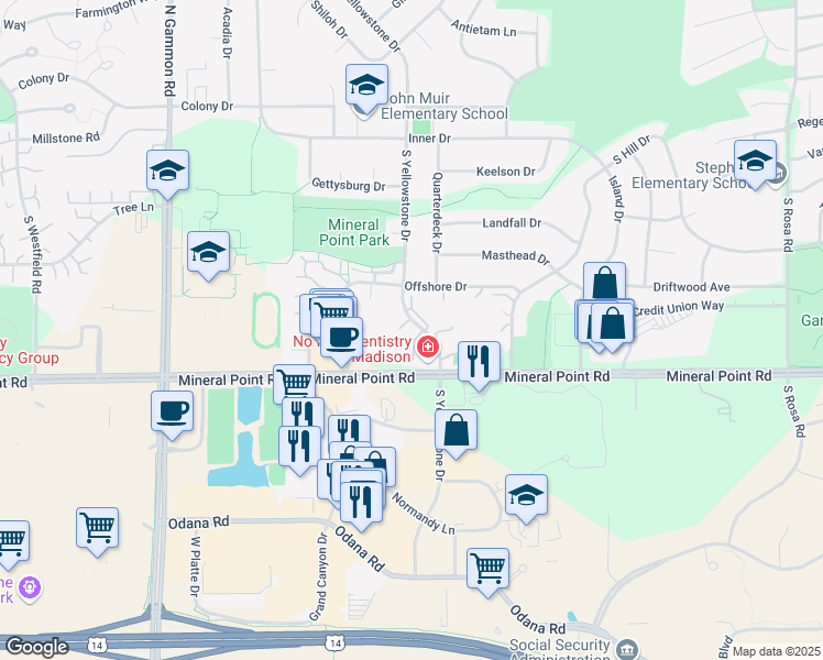 map of restaurants, bars, coffee shops, grocery stores, and more near 302 South Yellowstone Drive in Madison