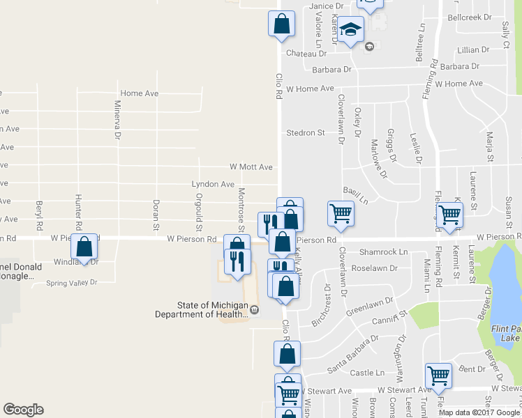 map of restaurants, bars, coffee shops, grocery stores, and more near 3029 West Parkway Avenue in Flint