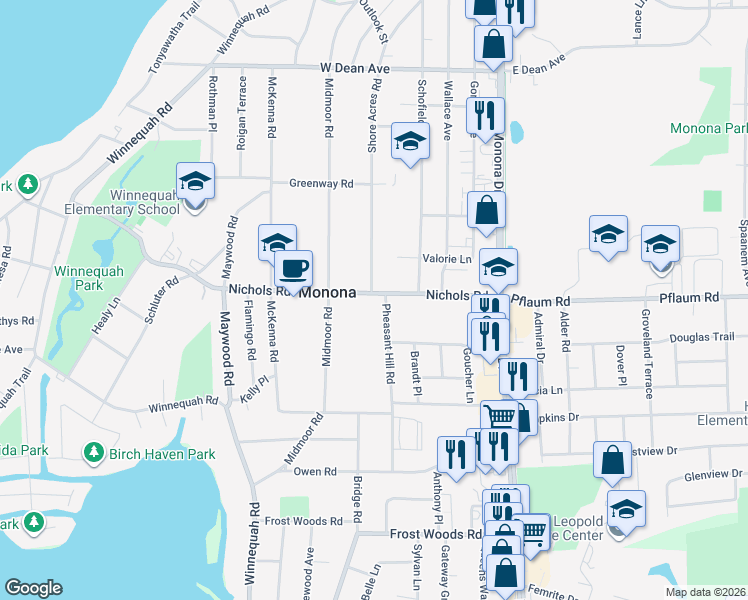 map of restaurants, bars, coffee shops, grocery stores, and more near 5301 Pheasant Hill Road in Monona
