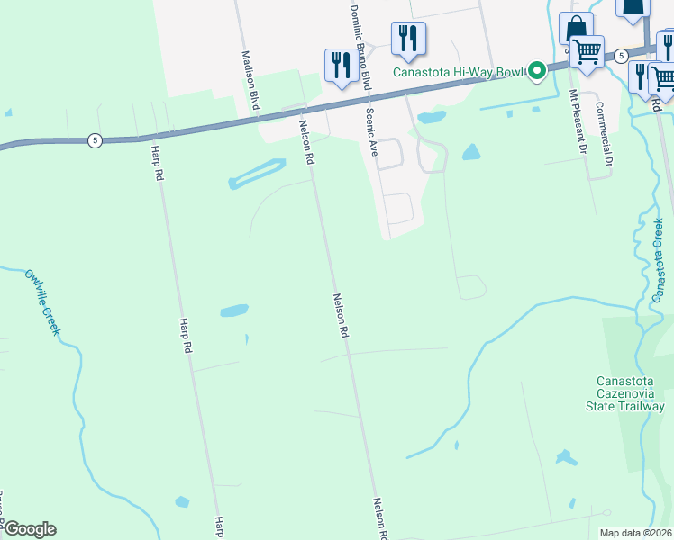 map of restaurants, bars, coffee shops, grocery stores, and more near 7136 Nelson Road in Canastota