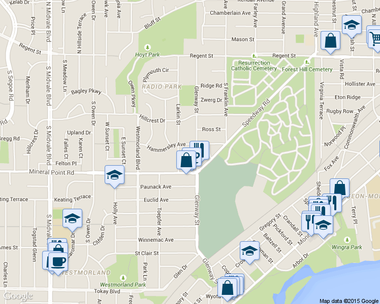 map of restaurants, bars, coffee shops, grocery stores, and more near 310 Glenway Street in Madison