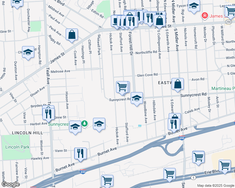 map of restaurants, bars, coffee shops, grocery stores, and more near 357 Hickok Ave in Syracuse