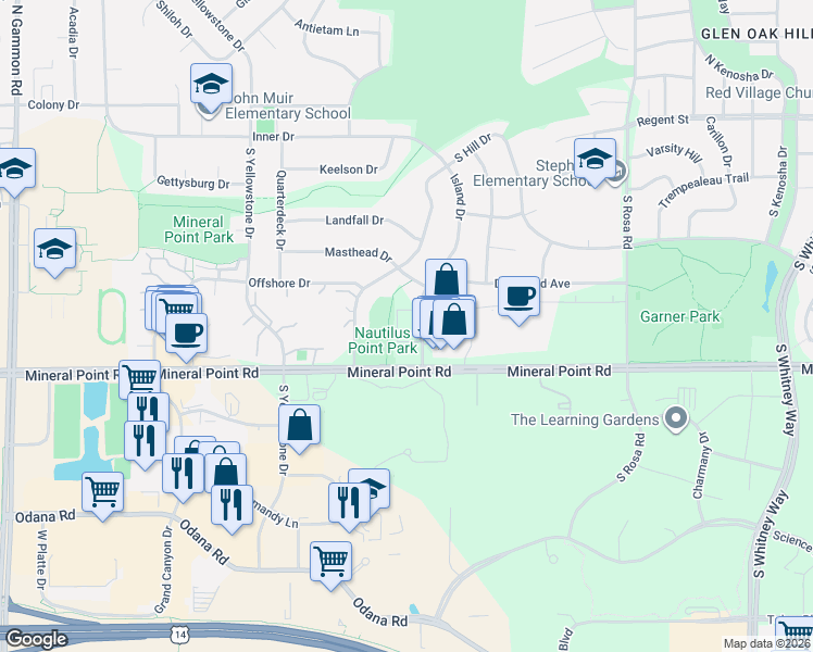 map of restaurants, bars, coffee shops, grocery stores, and more near 332 Island Drive in Madison