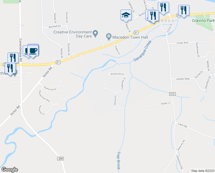 map of restaurants, bars, coffee shops, grocery stores, and more near 10 Brooktree Circle in Macedon