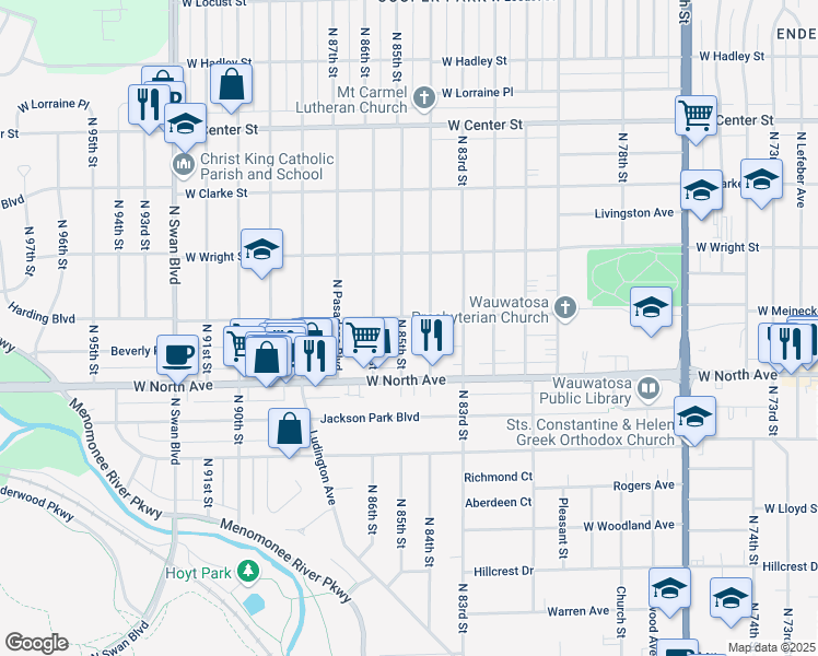 map of restaurants, bars, coffee shops, grocery stores, and more near 2366 North 85th Street in Wauwatosa