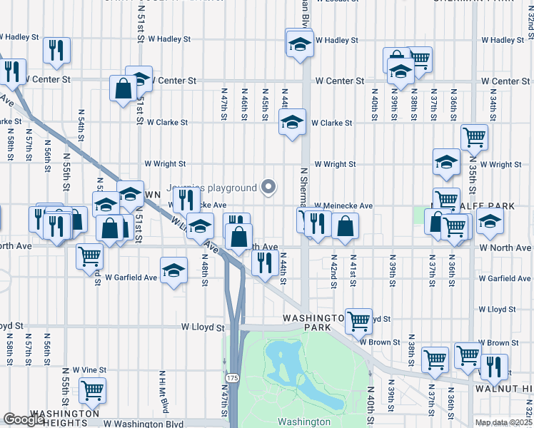 map of restaurants, bars, coffee shops, grocery stores, and more near 2364 North 45th Street in Milwaukee