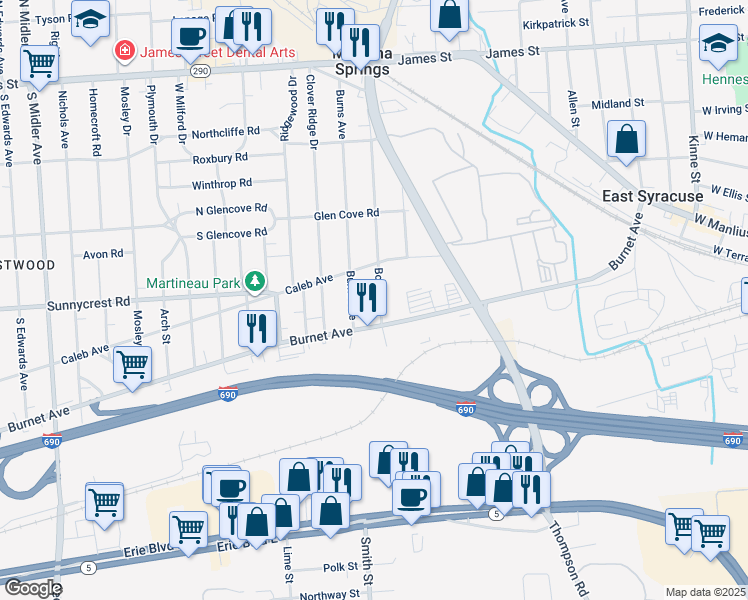 map of restaurants, bars, coffee shops, grocery stores, and more near 438 Boston Street in Syracuse