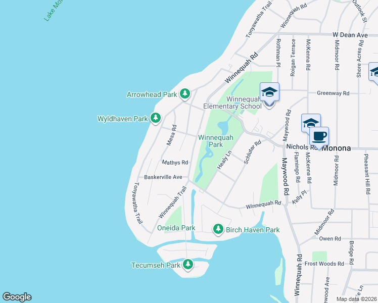 map of restaurants, bars, coffee shops, grocery stores, and more near 5305 Winnequah Road in Monona