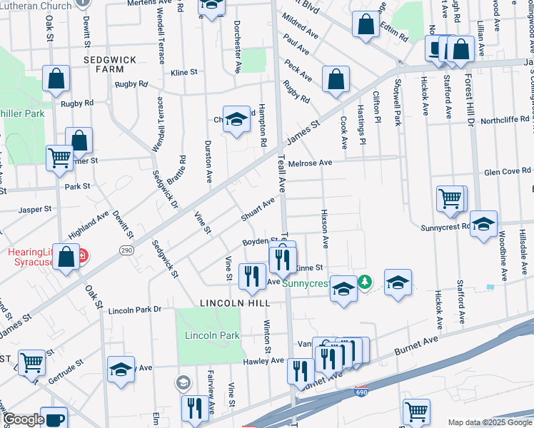 map of restaurants, bars, coffee shops, grocery stores, and more near 414 Shuart Avenue in Syracuse