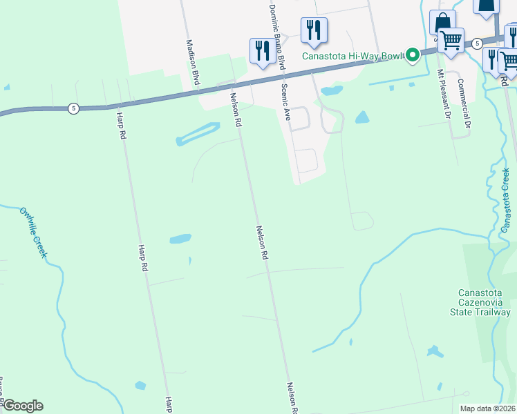 map of restaurants, bars, coffee shops, grocery stores, and more near 7136 Nelson Road in Canastota