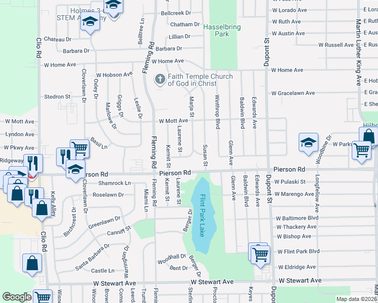 map of restaurants, bars, coffee shops, grocery stores, and more near 1302 Bolan Drive in Flint