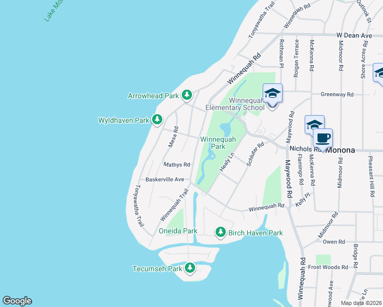 map of restaurants, bars, coffee shops, grocery stores, and more near 5305 Winnequah Road in Monona