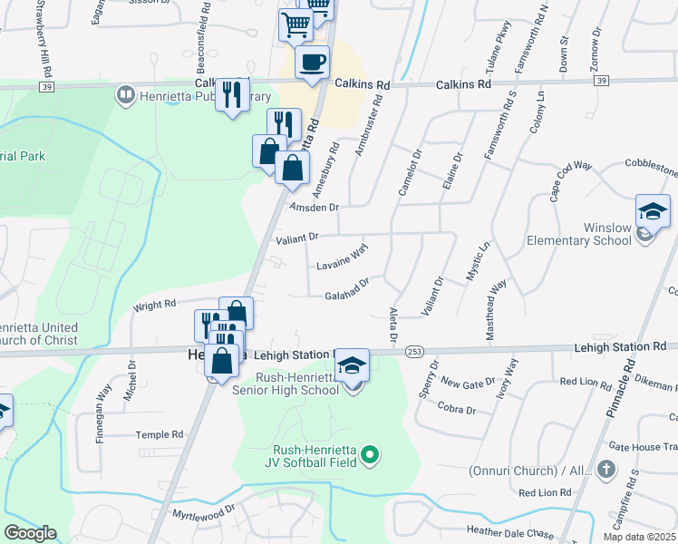map of restaurants, bars, coffee shops, grocery stores, and more near 52 Lavaine Way in Rochester