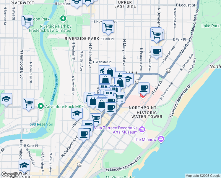 map of restaurants, bars, coffee shops, grocery stores, and more near 2428 North Murray Avenue in Milwaukee