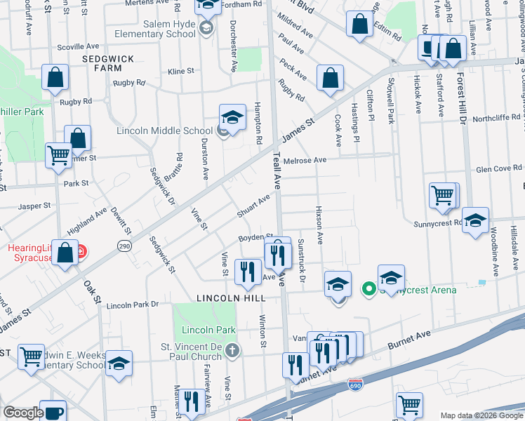 map of restaurants, bars, coffee shops, grocery stores, and more near 414 Shuart Avenue in Syracuse