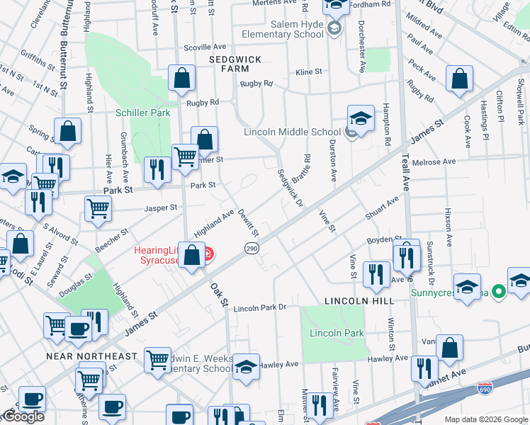map of restaurants, bars, coffee shops, grocery stores, and more near 4 Brattle Rd in Syracuse