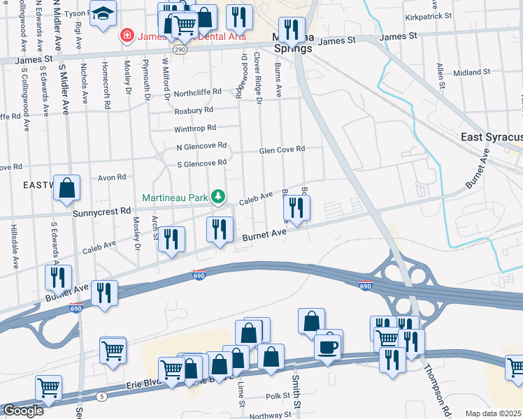 map of restaurants, bars, coffee shops, grocery stores, and more near 119 Hasbrouck Street in Syracuse