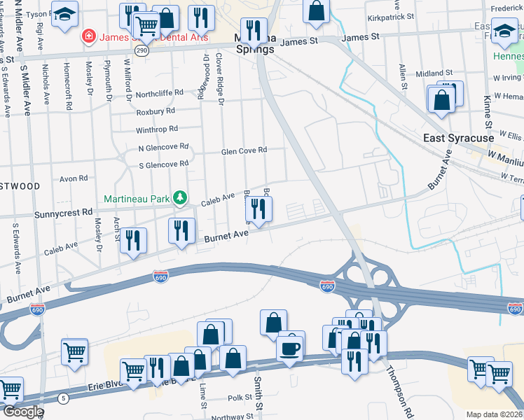 map of restaurants, bars, coffee shops, grocery stores, and more near 442 Boston Street in Syracuse