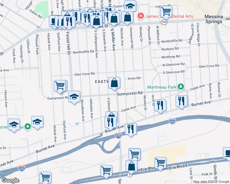 map of restaurants, bars, coffee shops, grocery stores, and more near 801 Sunnycrest Road in Syracuse