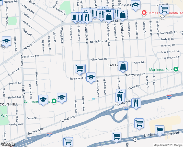 map of restaurants, bars, coffee shops, grocery stores, and more near 368 Woodbine Avenue in Syracuse