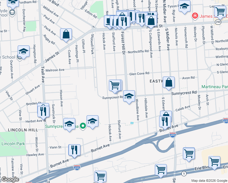 map of restaurants, bars, coffee shops, grocery stores, and more near 357 Hickok Avenue in Syracuse