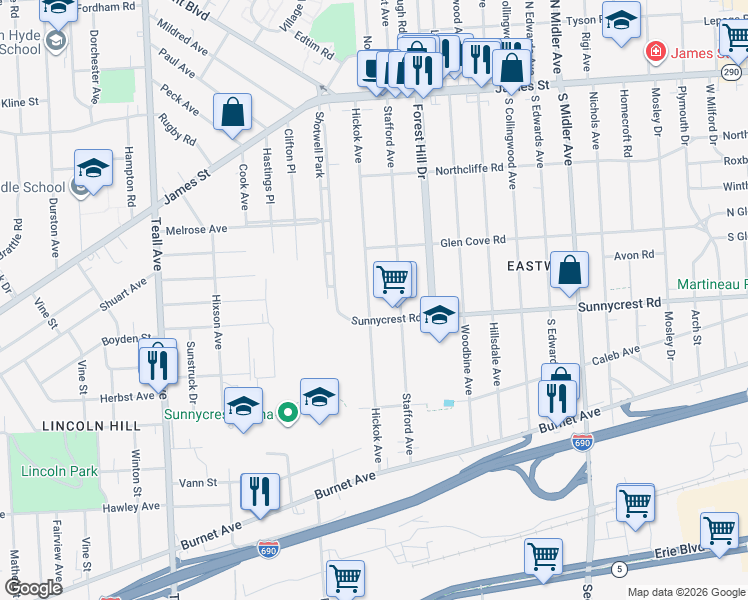 map of restaurants, bars, coffee shops, grocery stores, and more near 357 Hickok Avenue in Syracuse