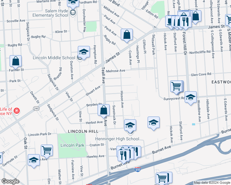 map of restaurants, bars, coffee shops, grocery stores, and more near 116 Mariposa Street in Syracuse