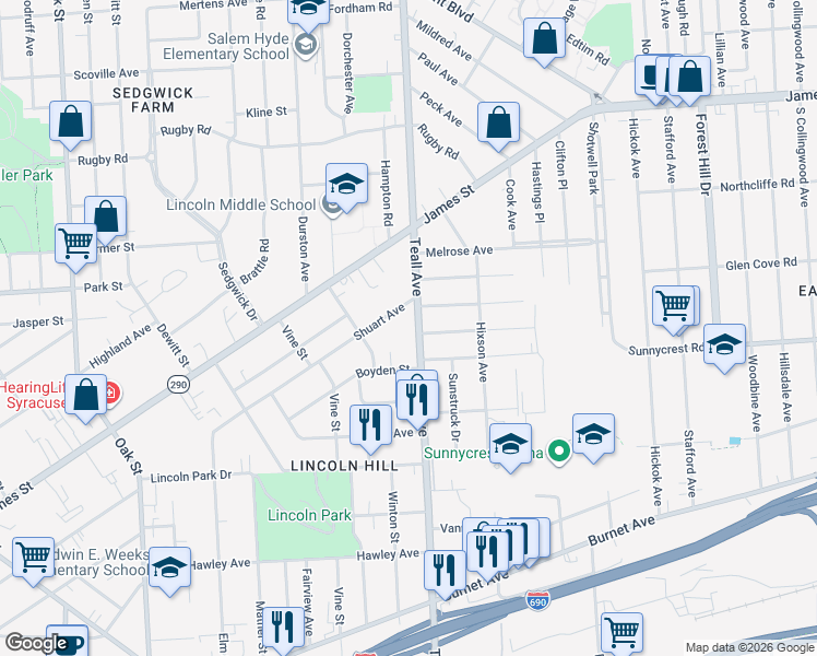 map of restaurants, bars, coffee shops, grocery stores, and more near 414 Shuart Avenue in Syracuse