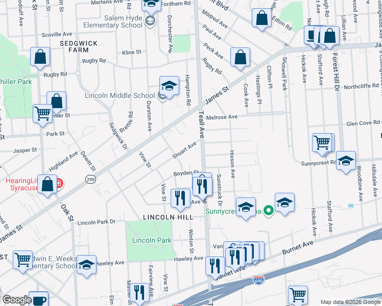 map of restaurants, bars, coffee shops, grocery stores, and more near 414 Shuart Avenue in Syracuse