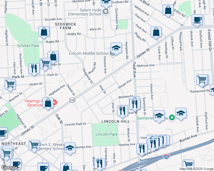 map of restaurants, bars, coffee shops, grocery stores, and more near 213 Dorothy Street in Syracuse