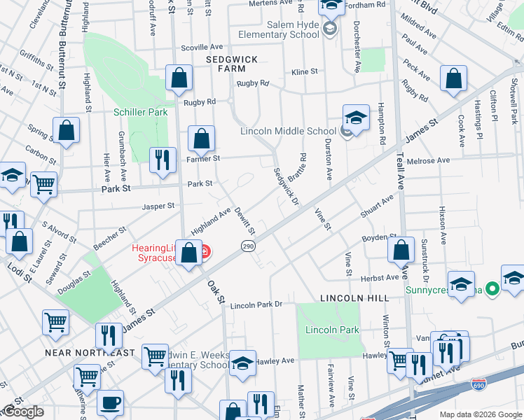 map of restaurants, bars, coffee shops, grocery stores, and more near 4 Brattle Road in Syracuse