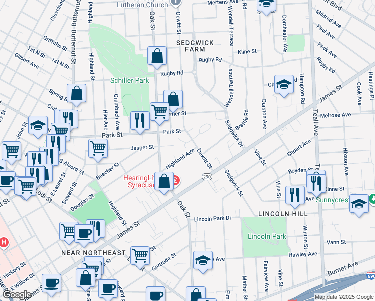 map of restaurants, bars, coffee shops, grocery stores, and more near 323 Highland Avenue in Syracuse