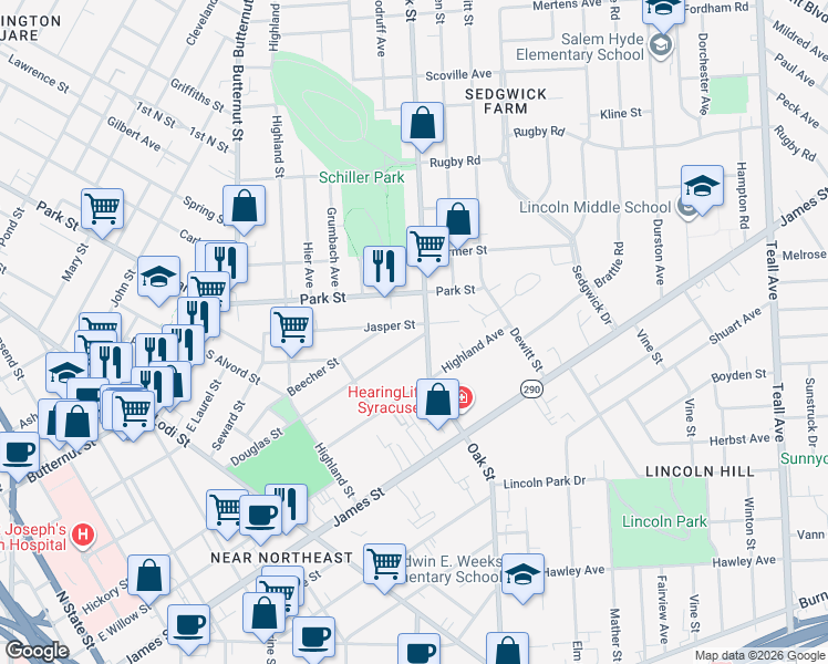 map of restaurants, bars, coffee shops, grocery stores, and more near 427-29 Douglas Street in Syracuse