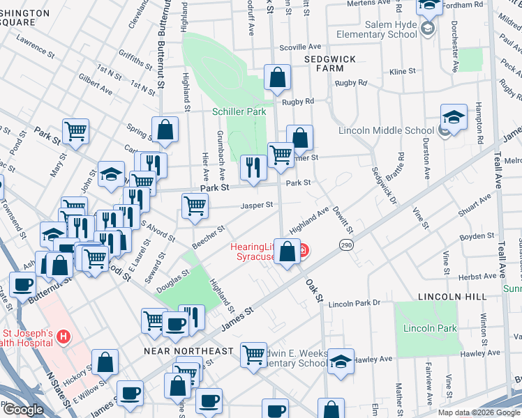 map of restaurants, bars, coffee shops, grocery stores, and more near 427-29 Douglas Street in Syracuse